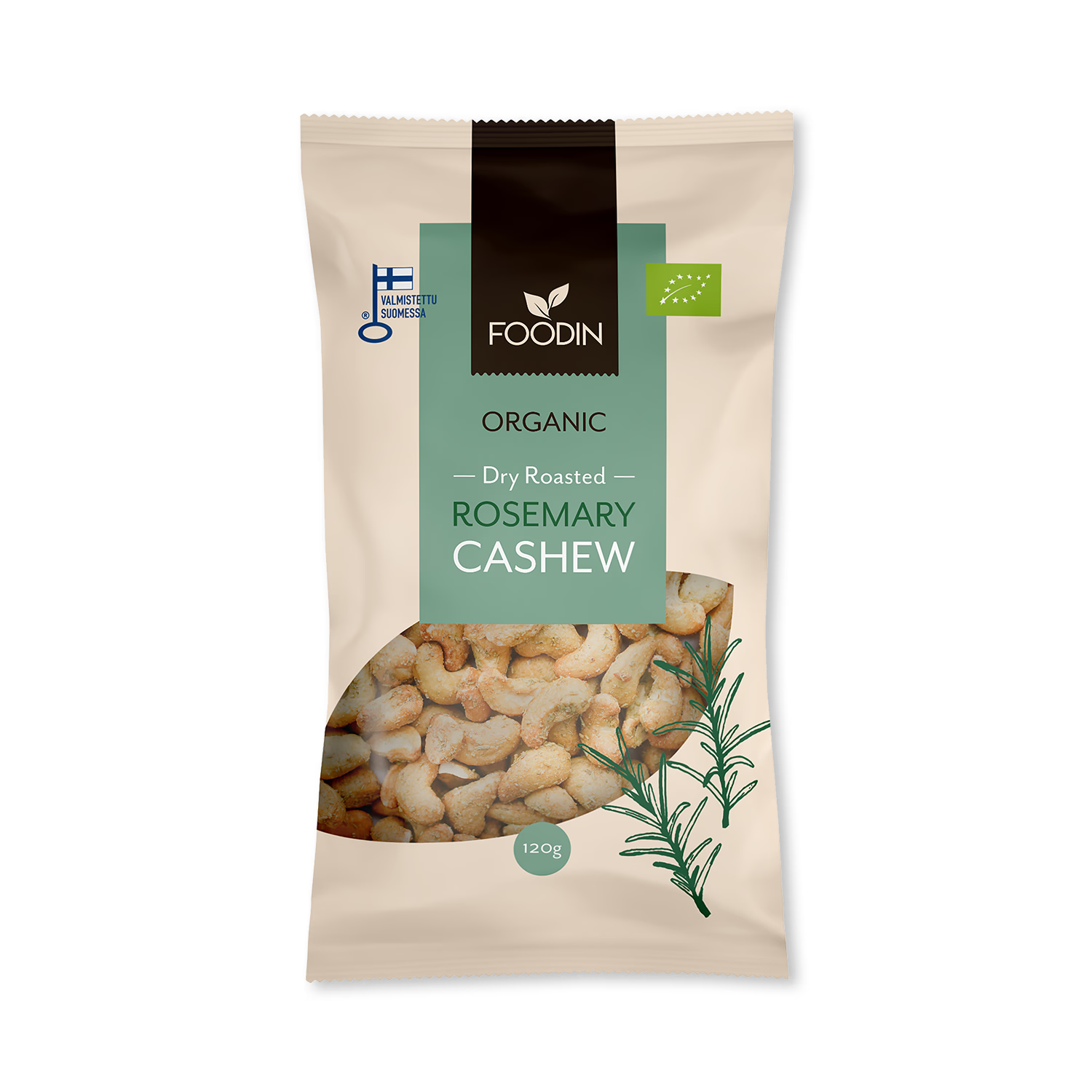 Organic dry roasted rosemary cashews 8x120g, UK version