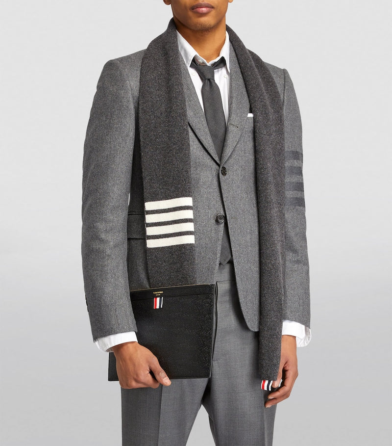 Thom Browne 4-Bar cashmere scarf, imported from the UK