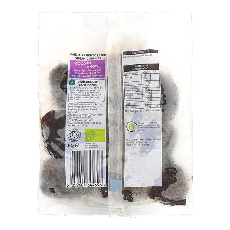 Holland Barrett Organic Soft Prunes 210g, UK version