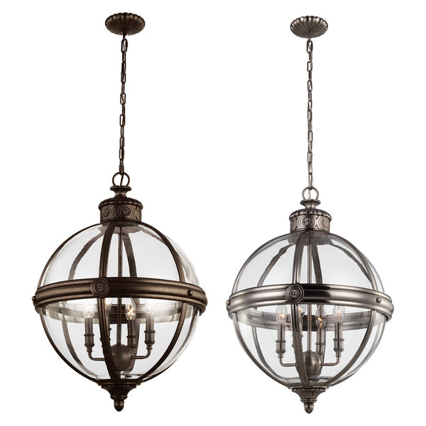 4-Light Pendant Chandelier with Glass Orbs and Steel Frame in Two Finishes