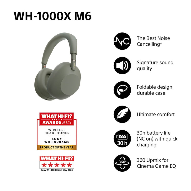 Sony WH-1000XM6 Noise-Cancelling Over-Ear Wireless Headphones - Olive Gray