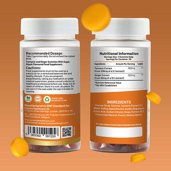 Prowise turmeric and ginger gummies 60 count peach flavour, UK version