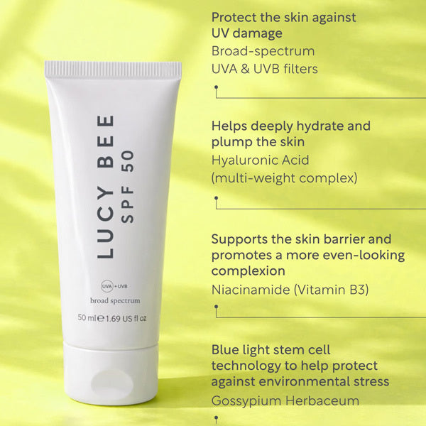 Lucy Bee face sunscreen SPF 50 with niacinamide and B5 50ml - British product