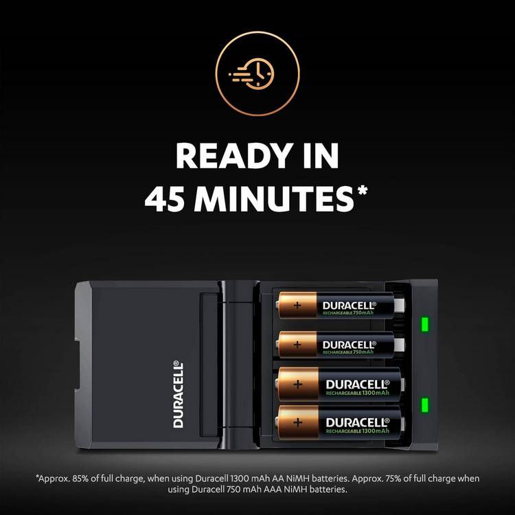 Duracell battery charger 45-minute with AA and AAA batteries, imported from the UK