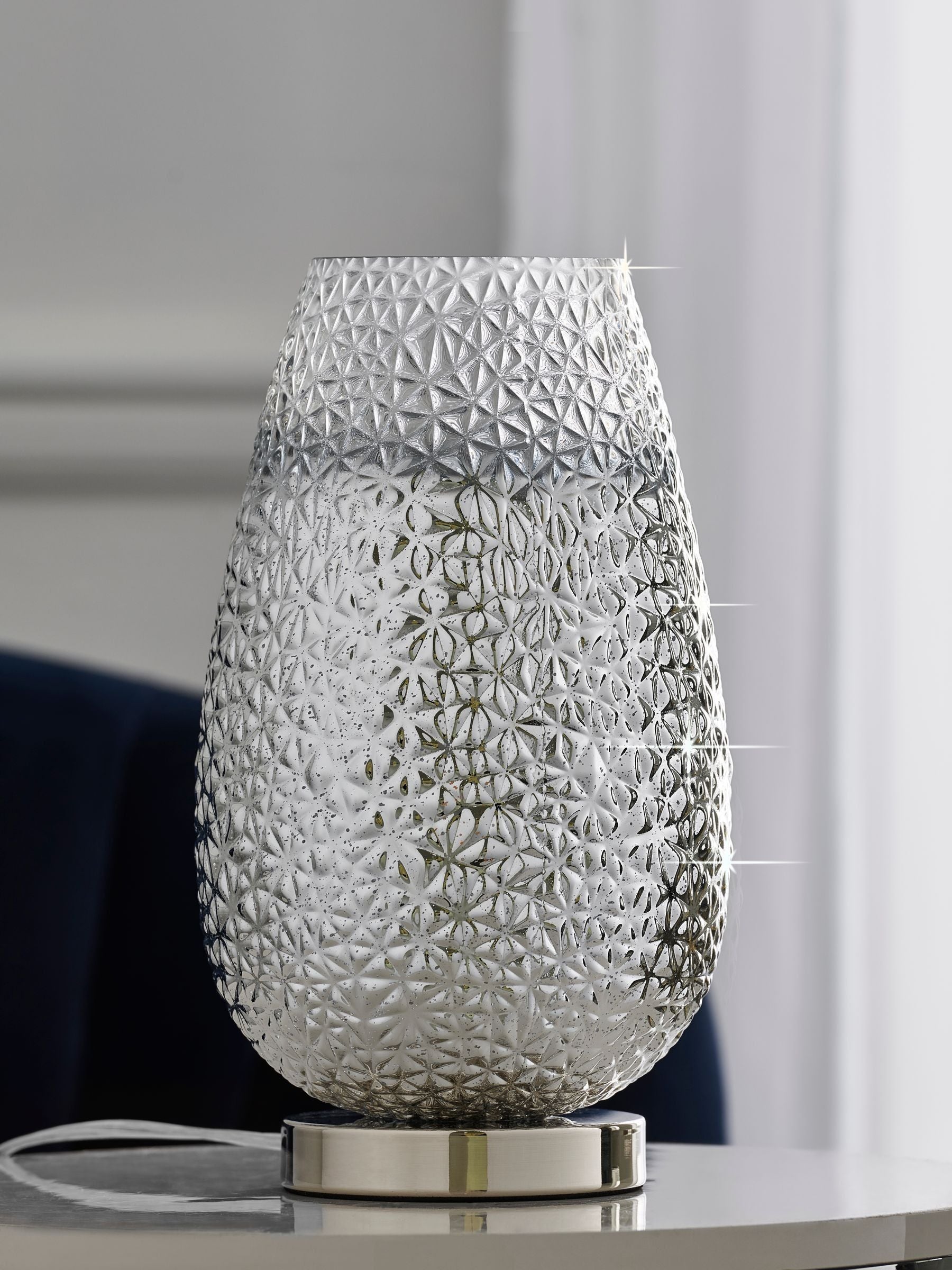 Monroe touch table lamp with chrome base and ombre glass shade, UK version