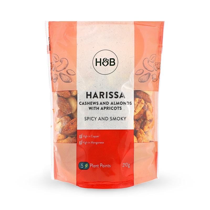 Holland & Barrett Harissa Spiced Cashew and Almond Mix with Apricots 210g, imported from the UK