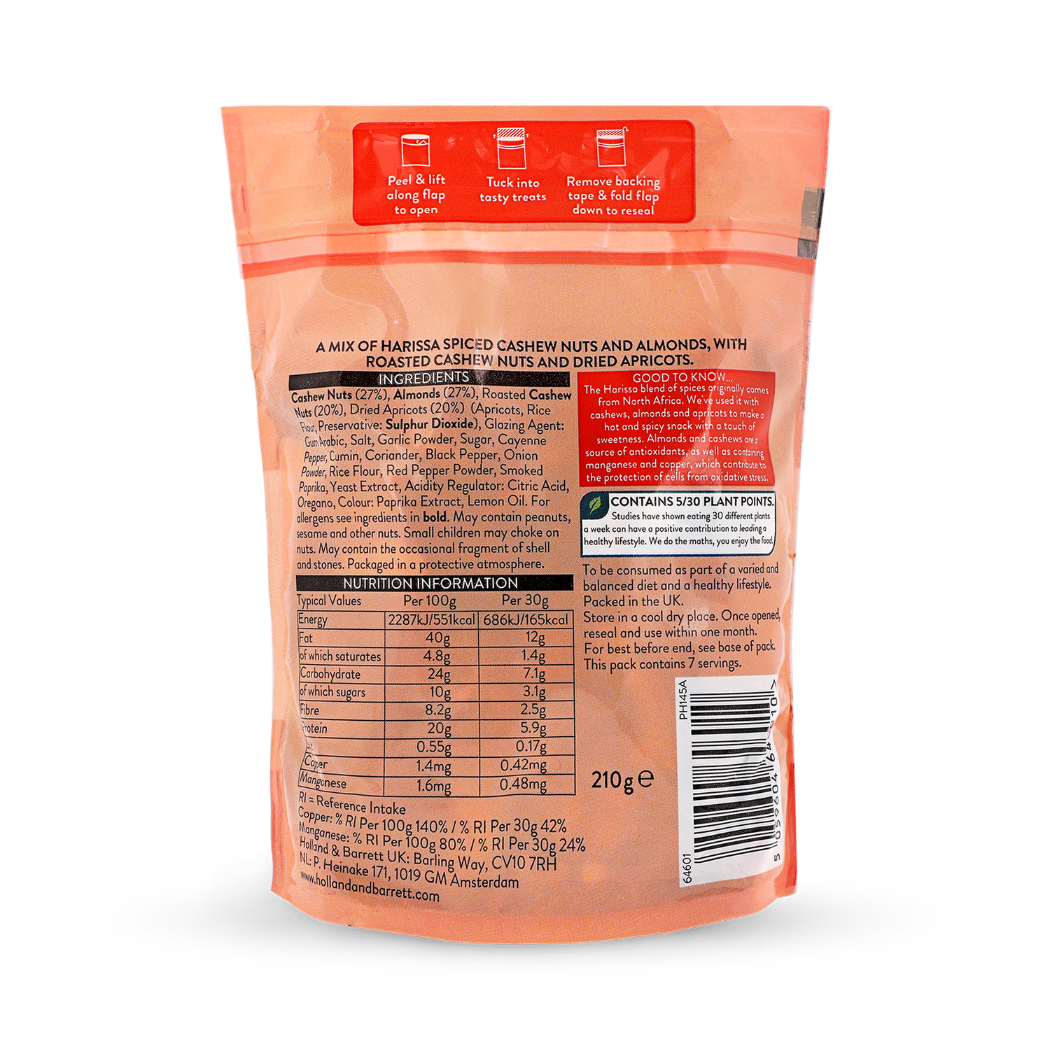 Holland & Barrett Harissa Spiced Cashew and Almond Mix with Apricots 210g, imported from the UK