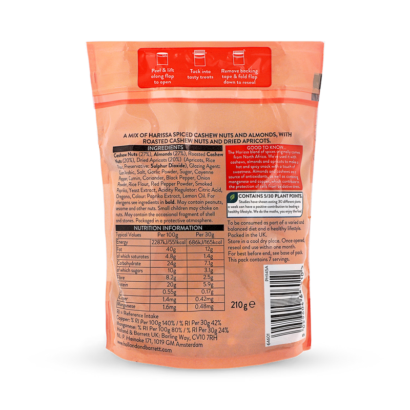 Holland & Barrett Harissa Spiced Cashew and Almond Mix with Apricots 210g, imported from the UK