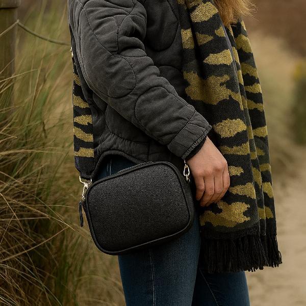 POM vegan leather camera shoulder bag black, imported from the UK