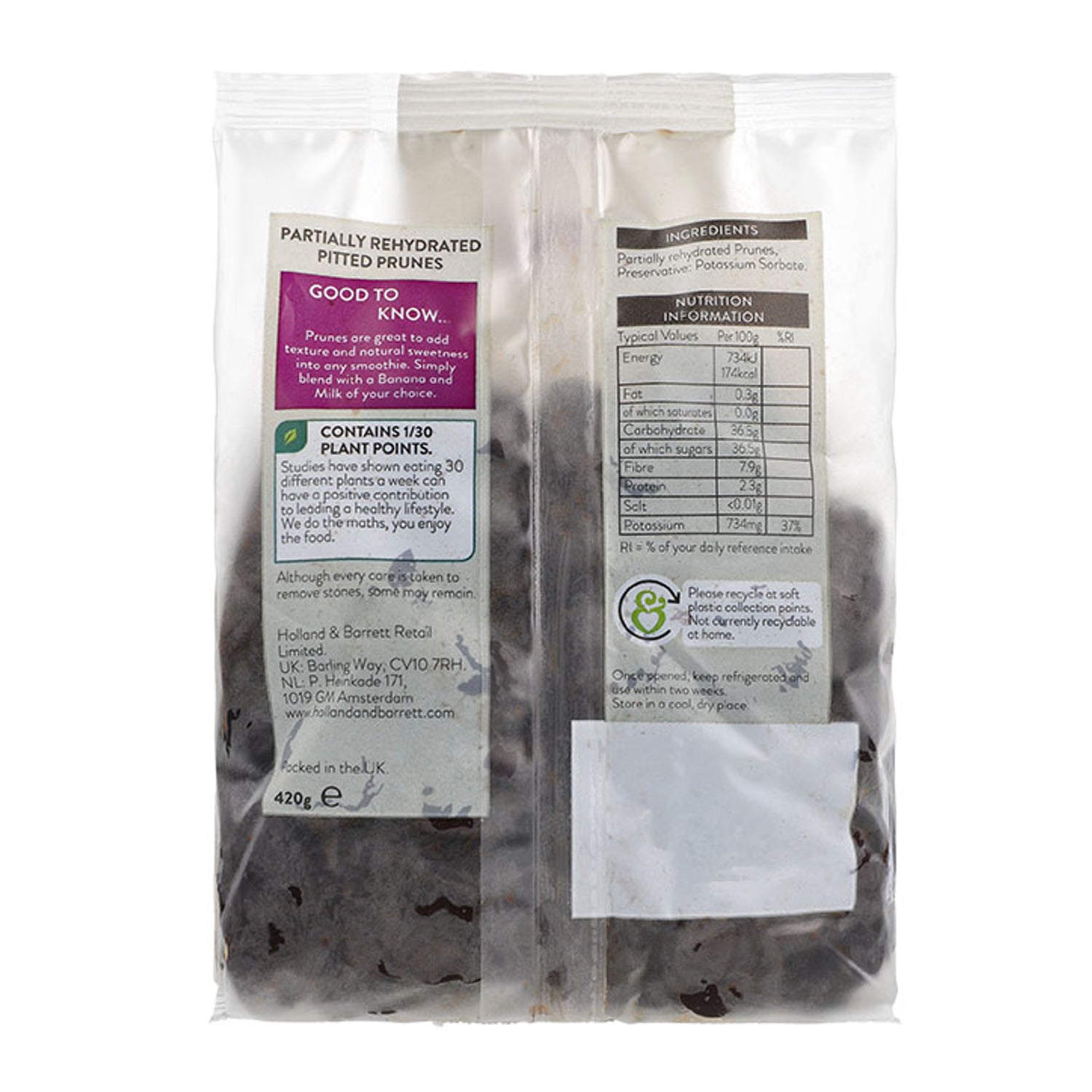 Holland & Barrett Soft Prunes 420g, imported from the UK