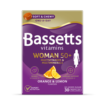 Holland & Barrett Bassetts Vitamins Woman 50+ Multivitamins & Multiminerals Orange & Lemon Pastilles 30 Count- Buy online at McGrocer