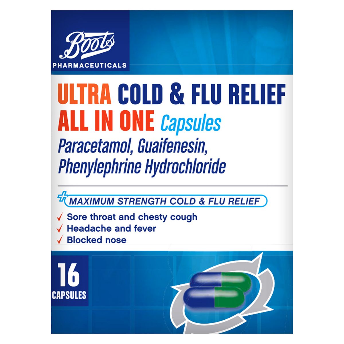 Boots Pharmaceuticals Ultra Cold and Flu Relief All In One 16 Capsules GOODS Boots   