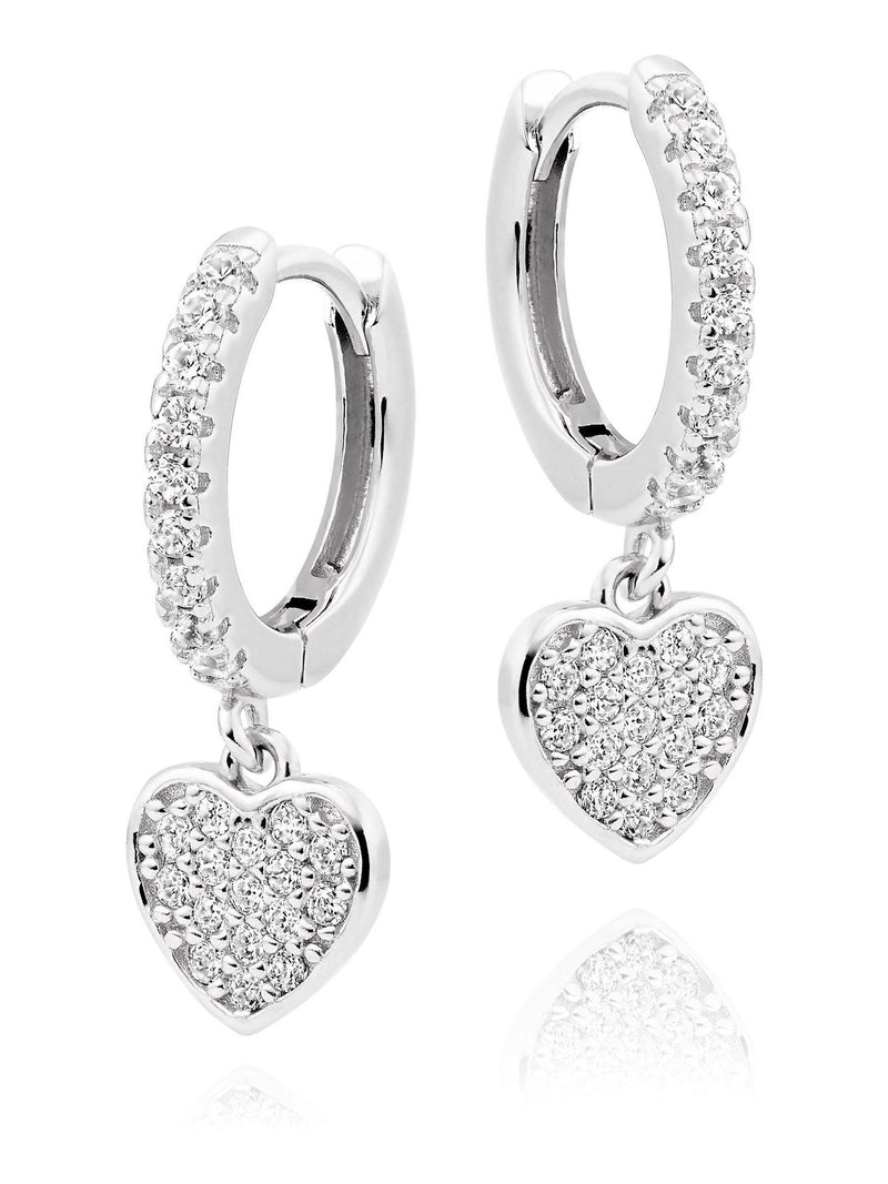 Sterling silver cubic zirconia heart charm hoop earrings 12mm (British brand)