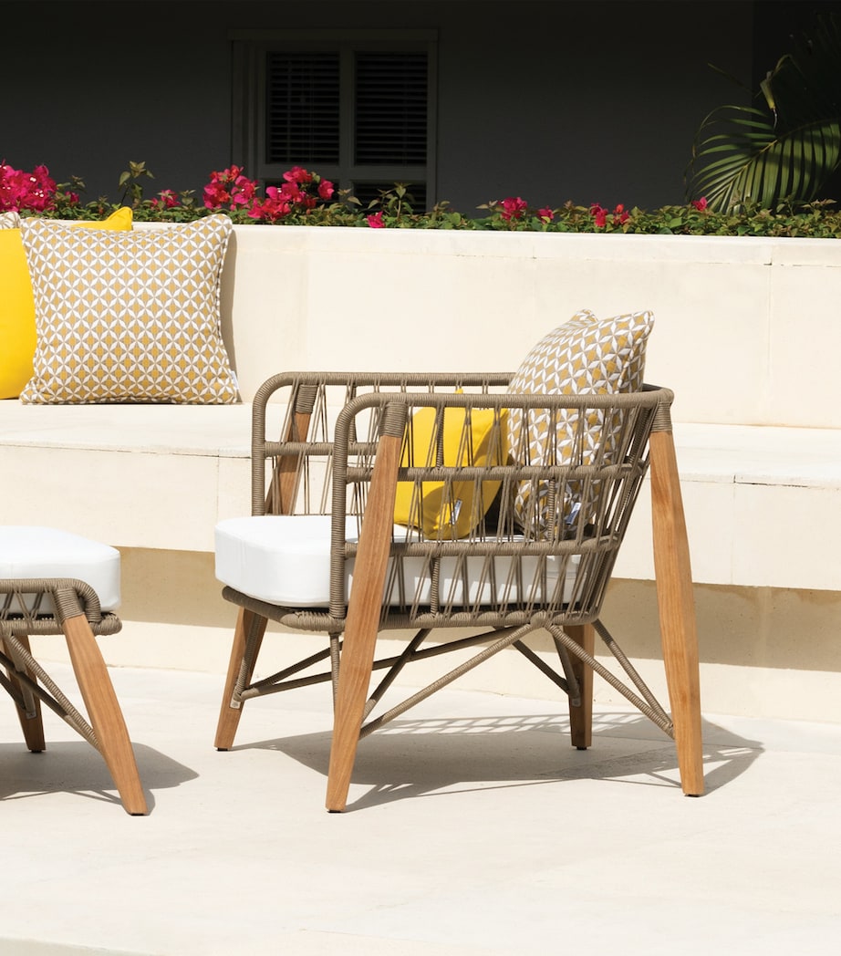 Pimlico Club outdoor armchair with teak wood and rope design, imported from the UK