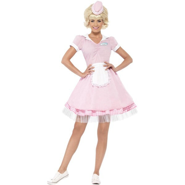 Smiffys 50s Diner Girl costume dress and mini hat, imported from the UK