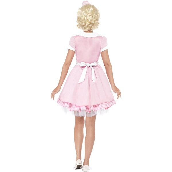Smiffys 50s Diner Girl costume dress and mini hat, imported from the UK