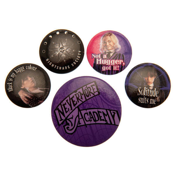 Wednesday Nevermore badge pack of 5, UK version