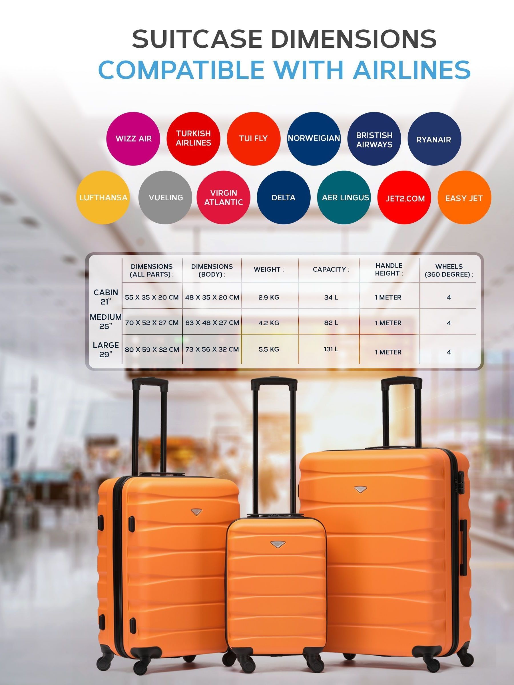 Flight Knight orange and black hardcase suitcase set, three pieces (British brand)