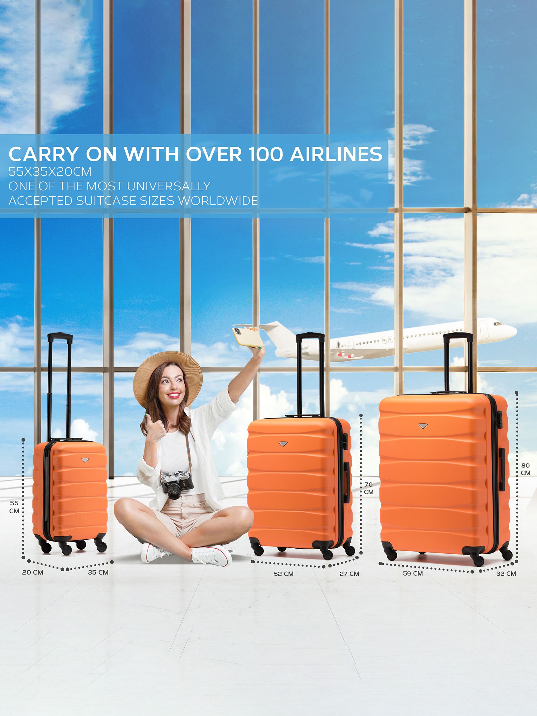 Flight Knight orange and black hardcase suitcase set, three pieces (British brand)