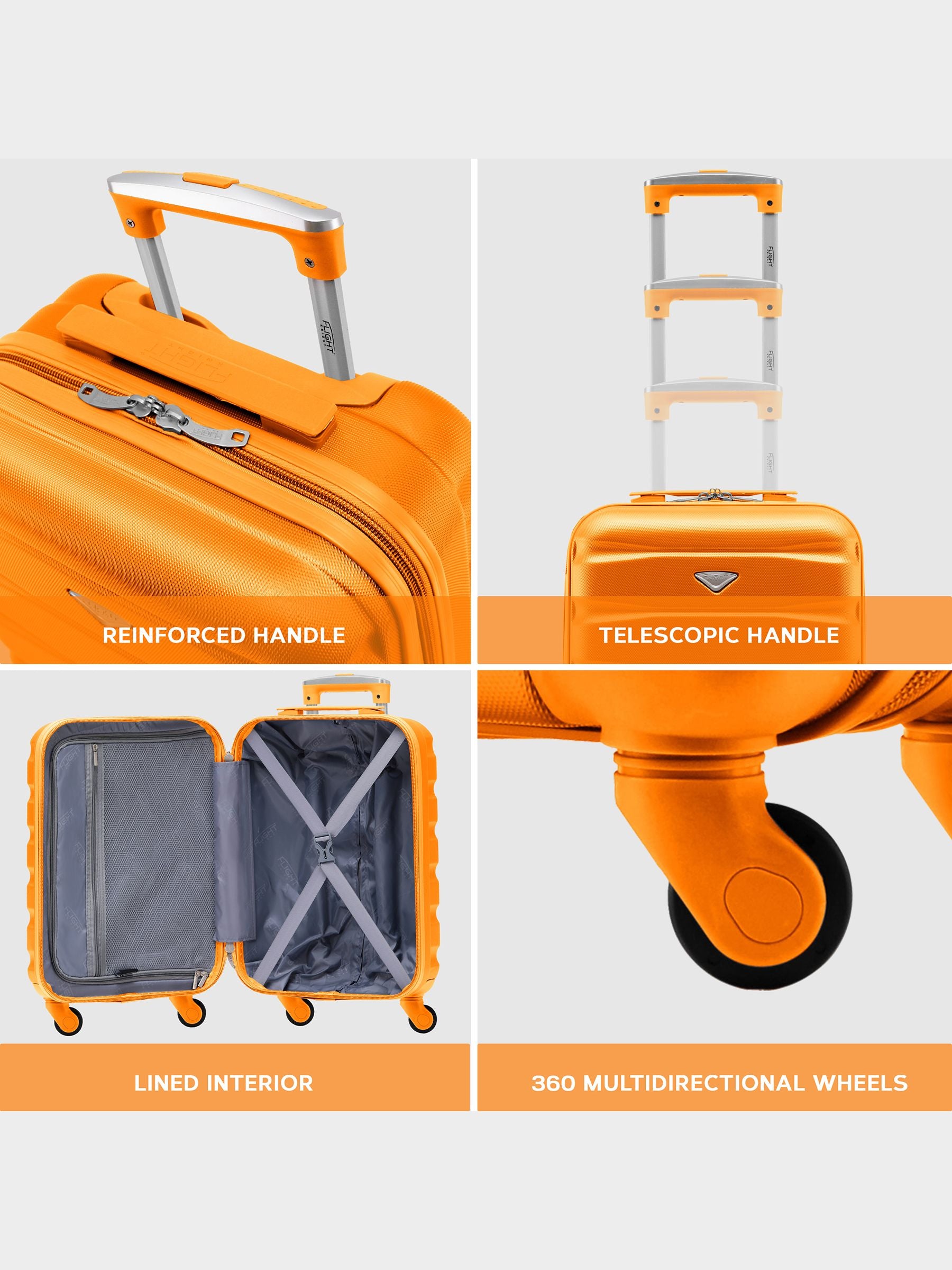 Flight Knight orange and black hardcase suitcase set, three pieces (British brand)