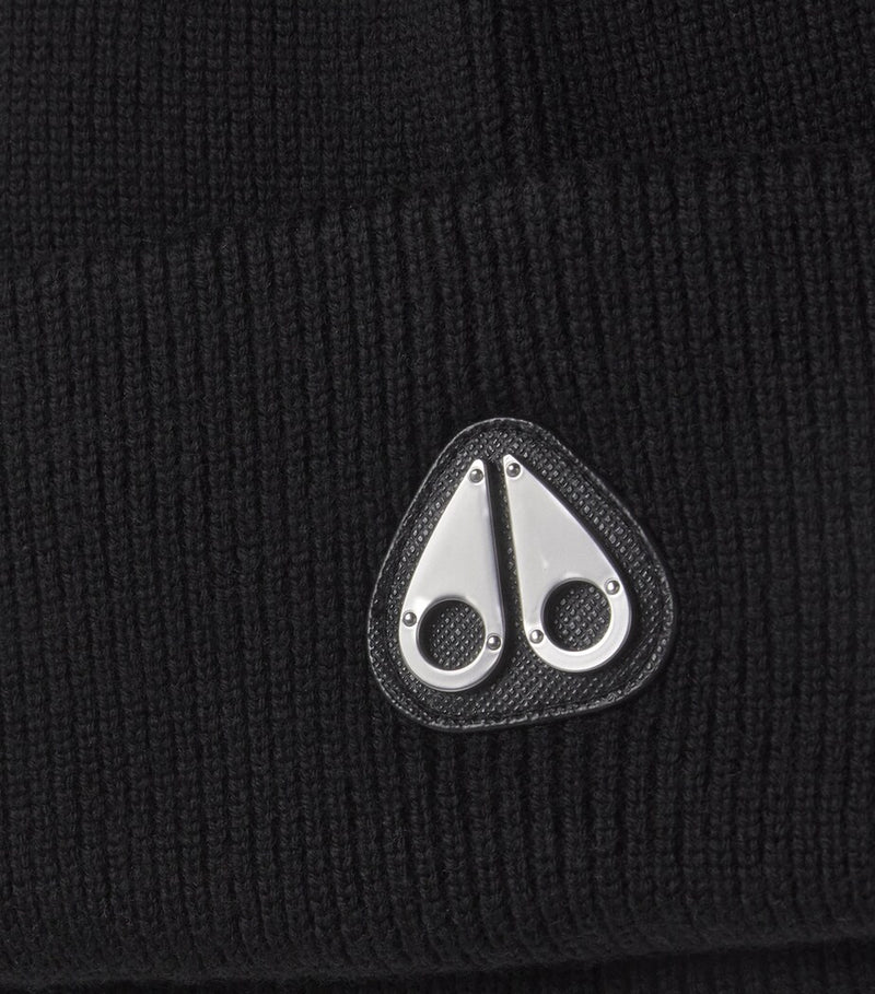 Moose Knuckles children's wool knit beanie with metal logo, imported from the UK