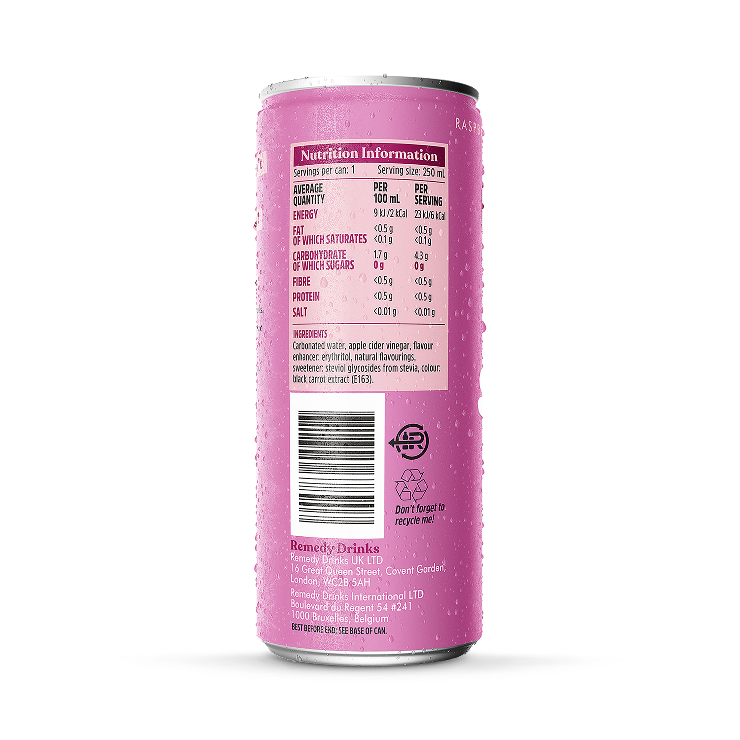Remedy Sodaly raspberry soft drink 250ml, UK version