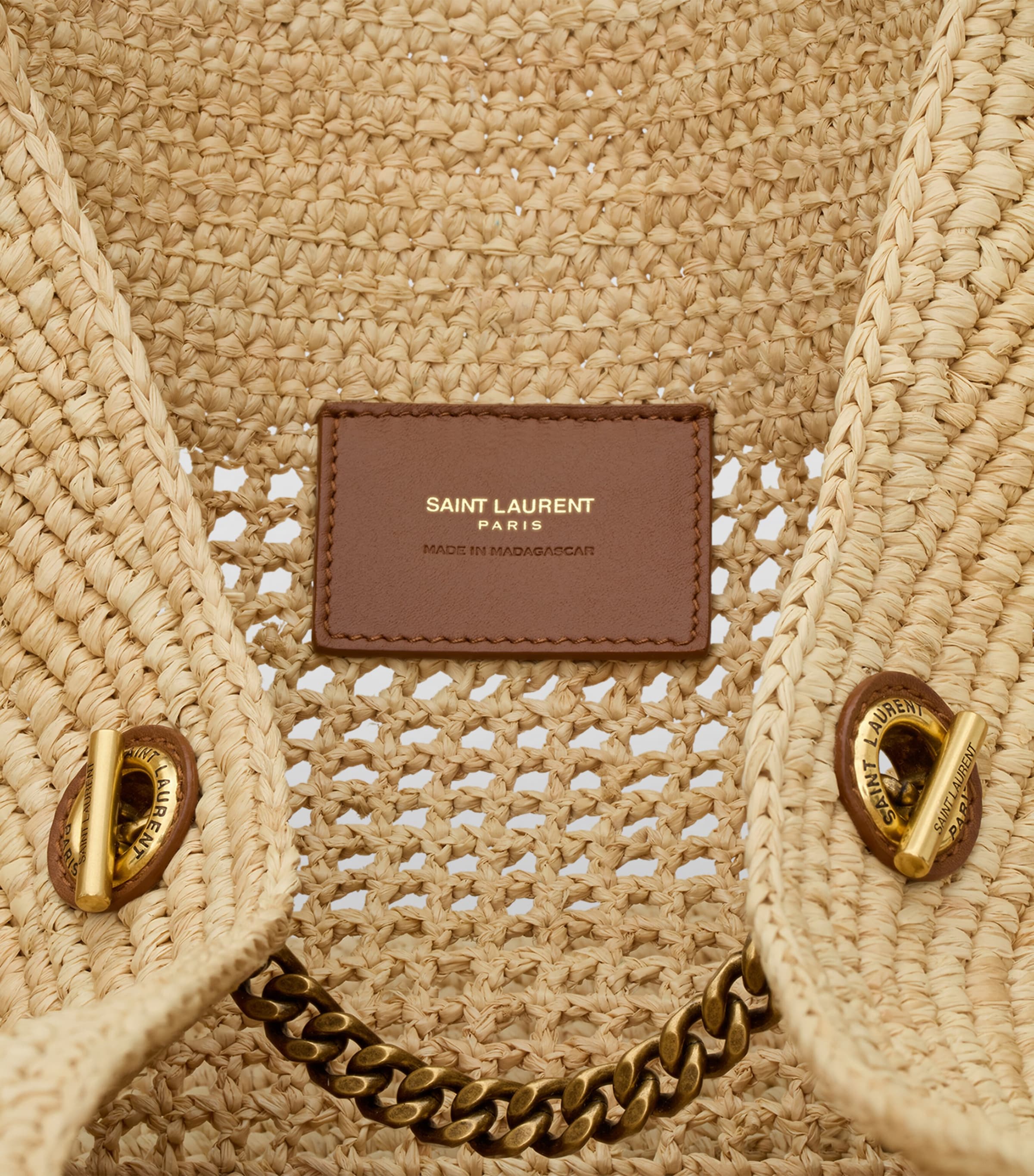 Saint Laurent Icare tote bag woven raffia gold-tone YSL emblem (British brand)