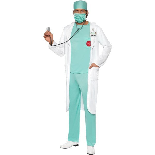 Smiffys doctor costume green top trousers hat mask coat UK version