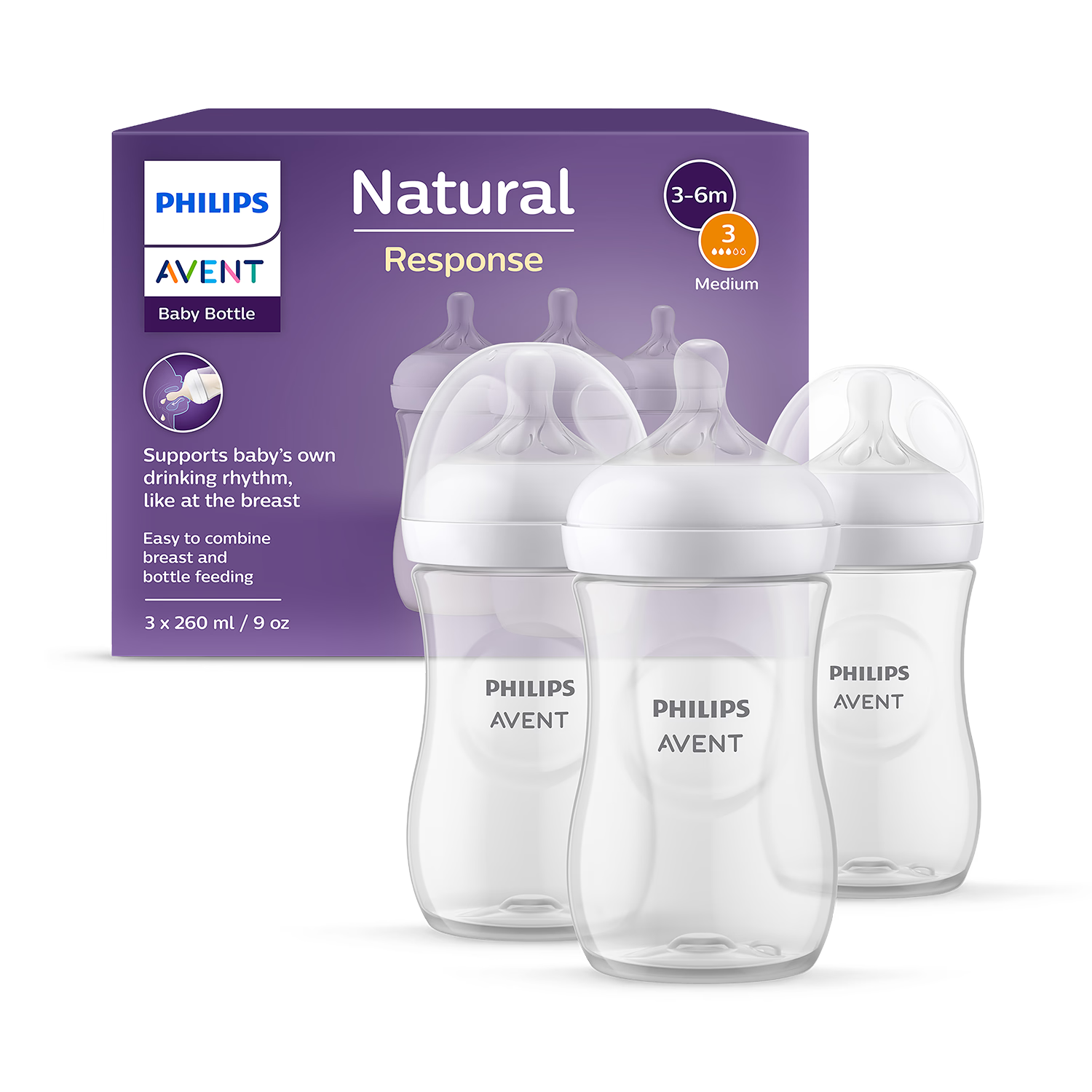 Philips Avent Natural Response baby bottles 3 pack 260ml, imported from the UK