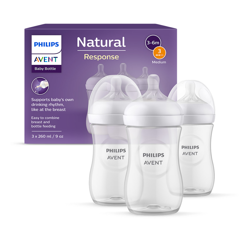 Philips Avent Natural Response baby bottles 3 pack 260ml, imported from the UK