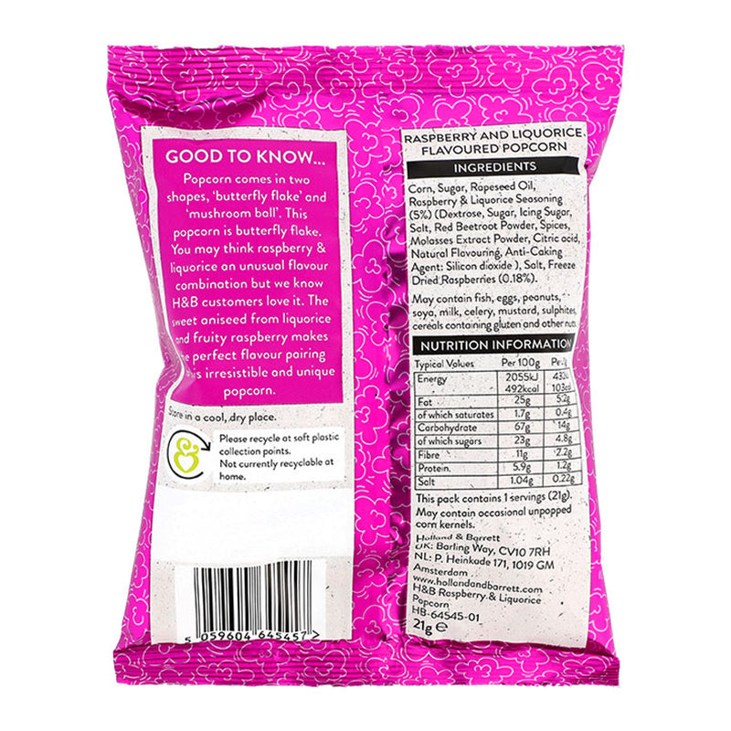 Holland & Barrett Raspberry & Liquorice Popcorn 21g, UK version