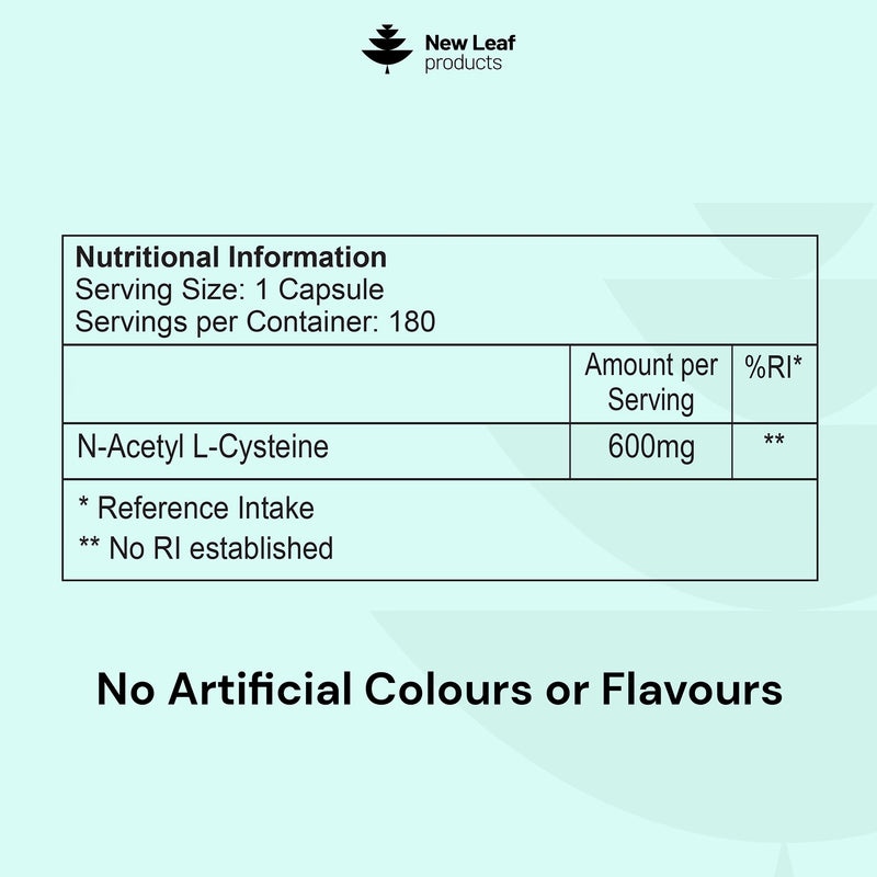 New Leaf Products NAC N-Acetyl-Cysteine capsules 600mg 180 capsules (British brand)
