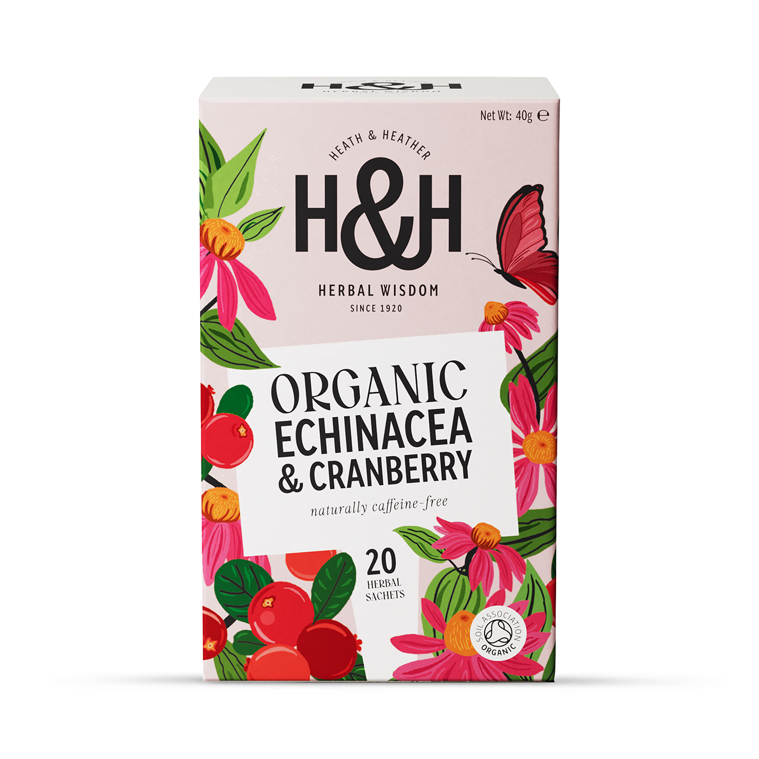 Heath & Heather echinacea cranberry tea bags 20, imported from the UK