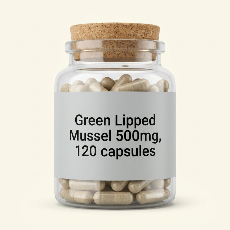 Holland & Barrett green lipped mussel capsules 500mg 120 capsules, imported from the UK