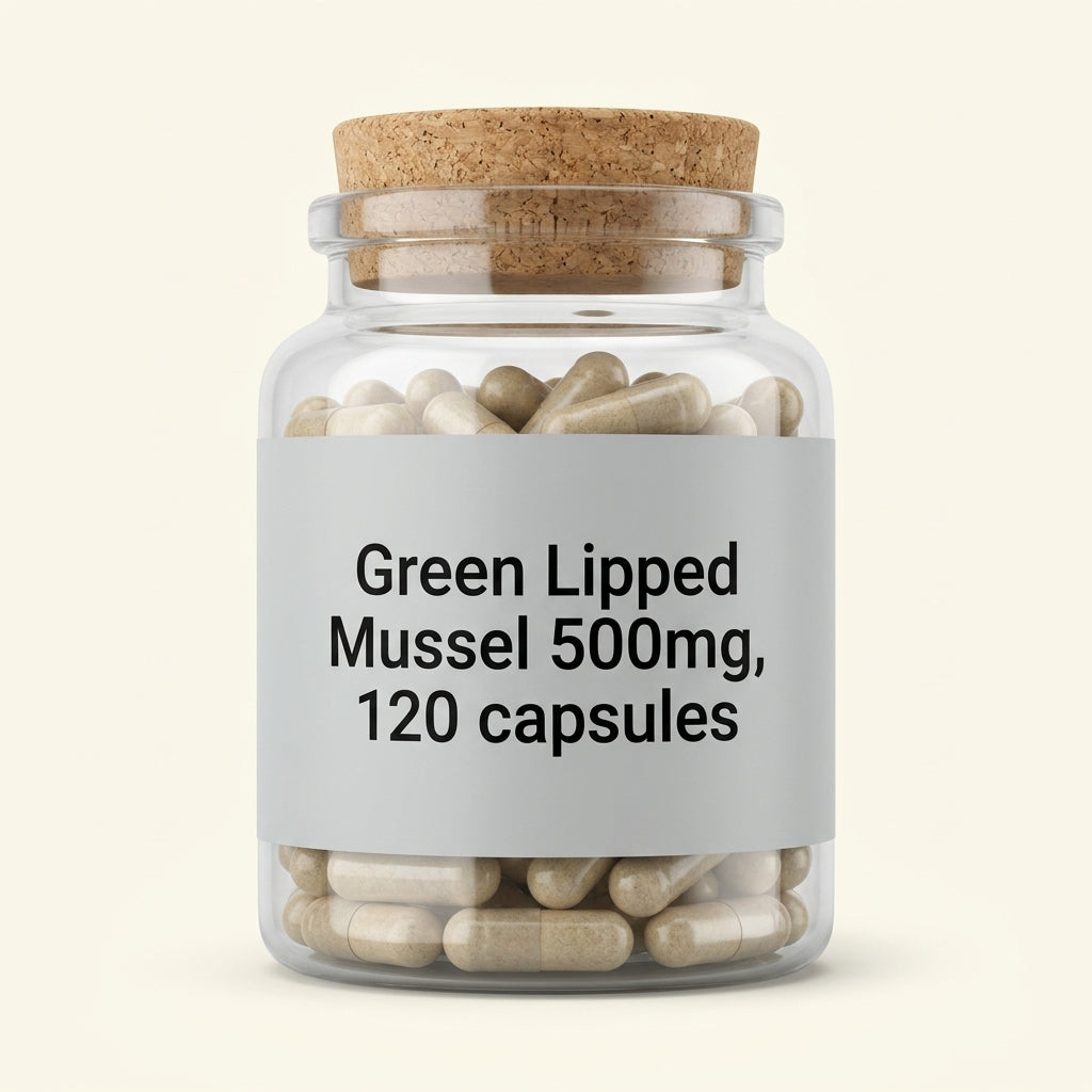 Holland & Barrett green lipped mussel capsules 500mg 120 capsules, imported from the UK