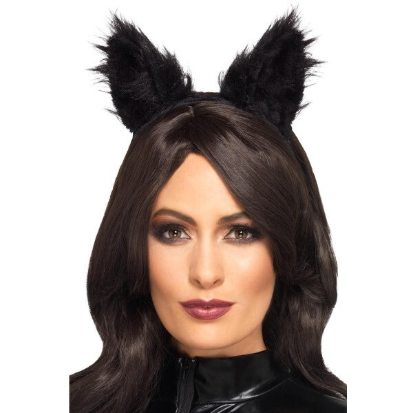 Smiffys long pile fur cat ears black headband, UK version