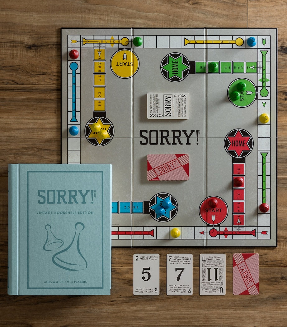 Vintage Bookshelf Sorry board game with fabric-covered book storage (British brand)