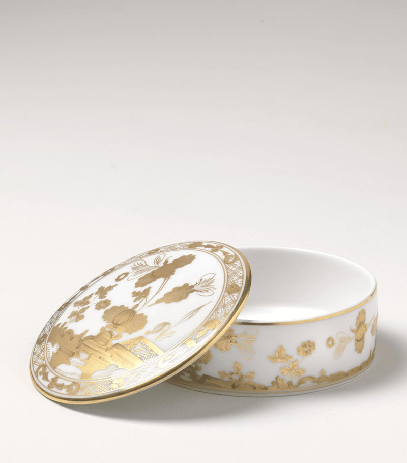 GINORI porcelain round trinket box with gold floral decoration, approx. 5.5cm x 13cm x 13cm, UK version