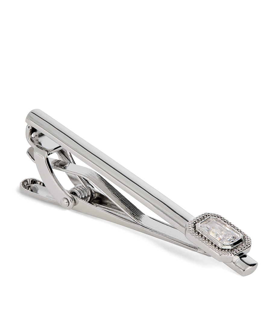 Tateossian rhodium-plated cubic zirconia halo tie clip, imported from the UK