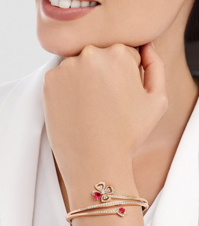 Bvlgari Fiorever bangle in rose gold with diamonds and rubellites (British brand)