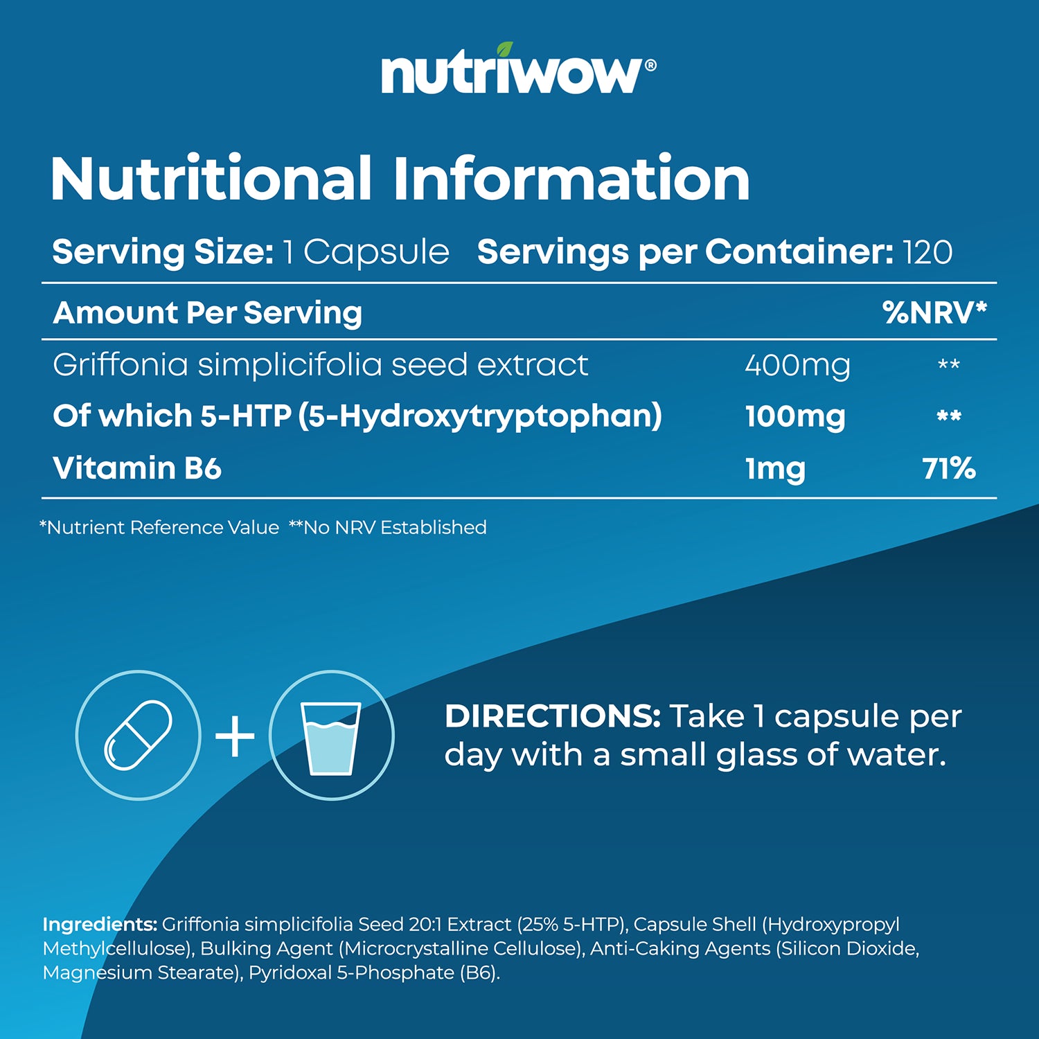 Nutriwow 5-HTP capsules 100mg 120 vegan capsules, imported from the UK