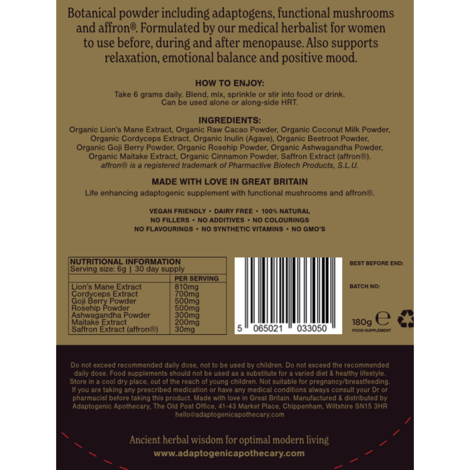 Adaptogenic Apothecary Freedom menopause powder, imported from the UK