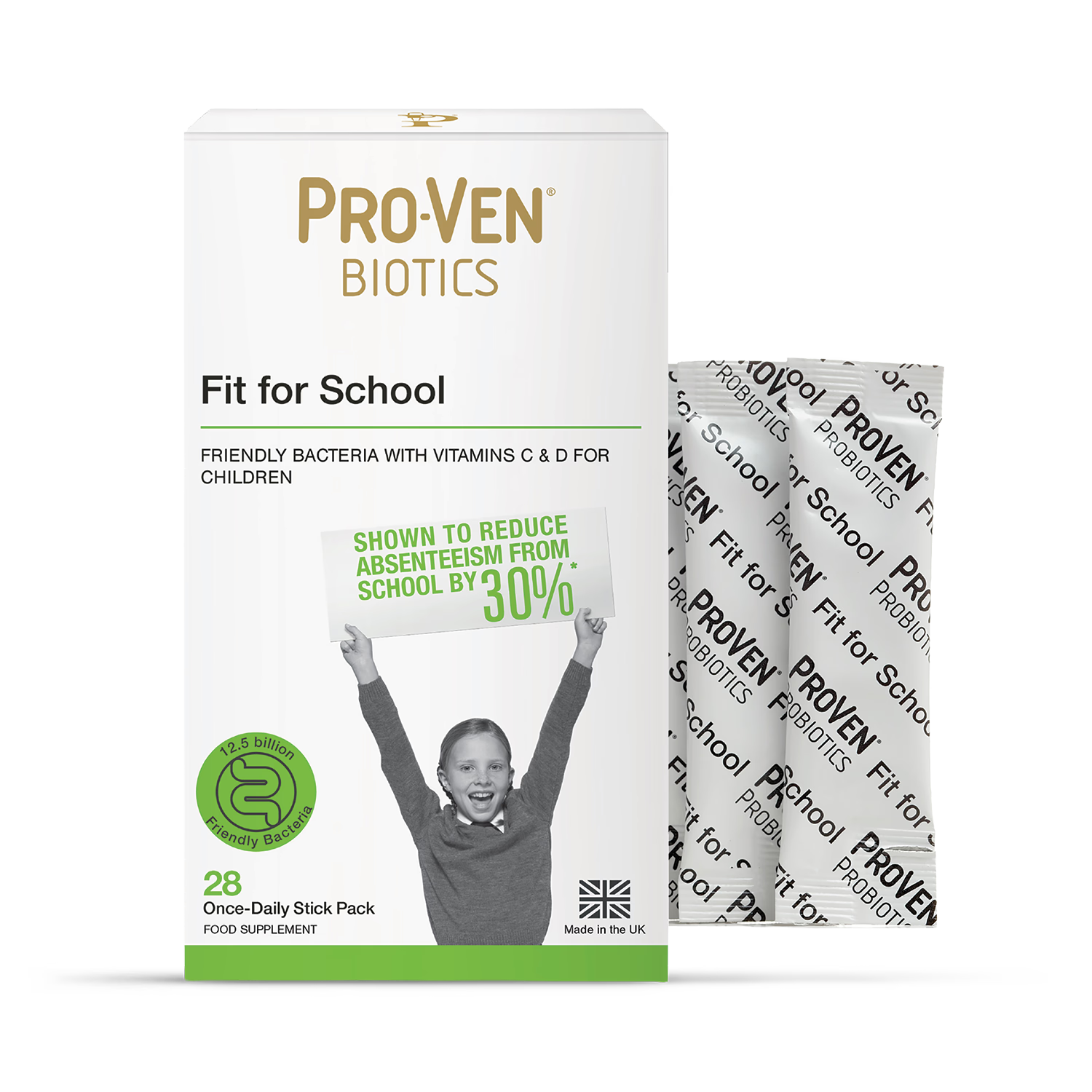 Pro-Ven Fit For School kids probiotic sachets, imported from the UK
