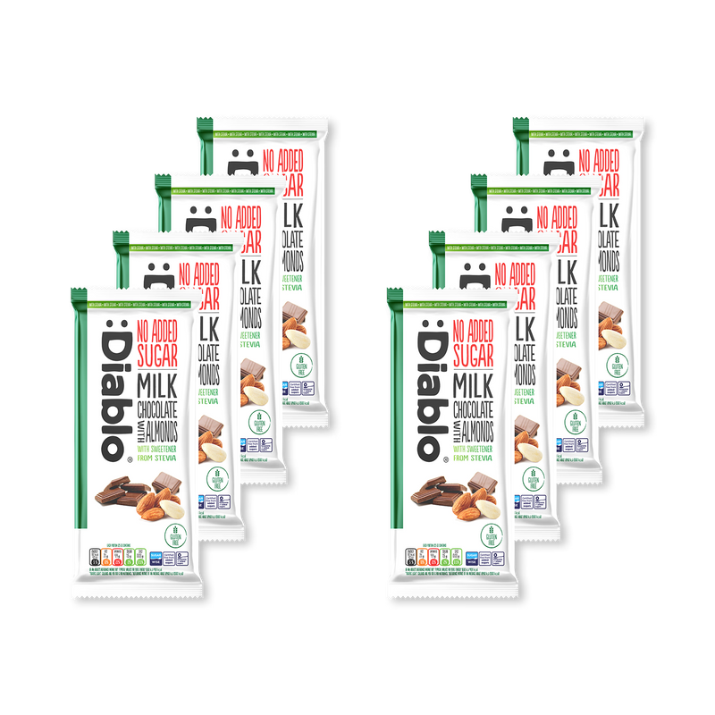Diablo no added sugar milk chocolate almonds 8 bar pack, imported from the UK