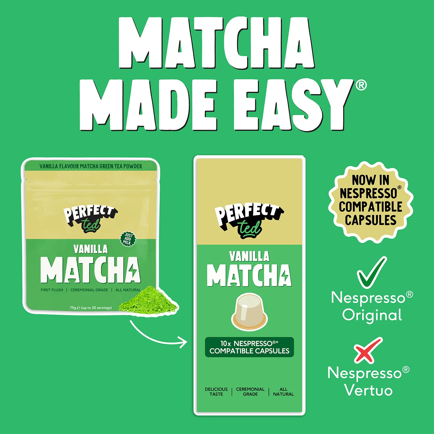 PerfectTed vanilla matcha green tea pods 10 pack, imported from the UK