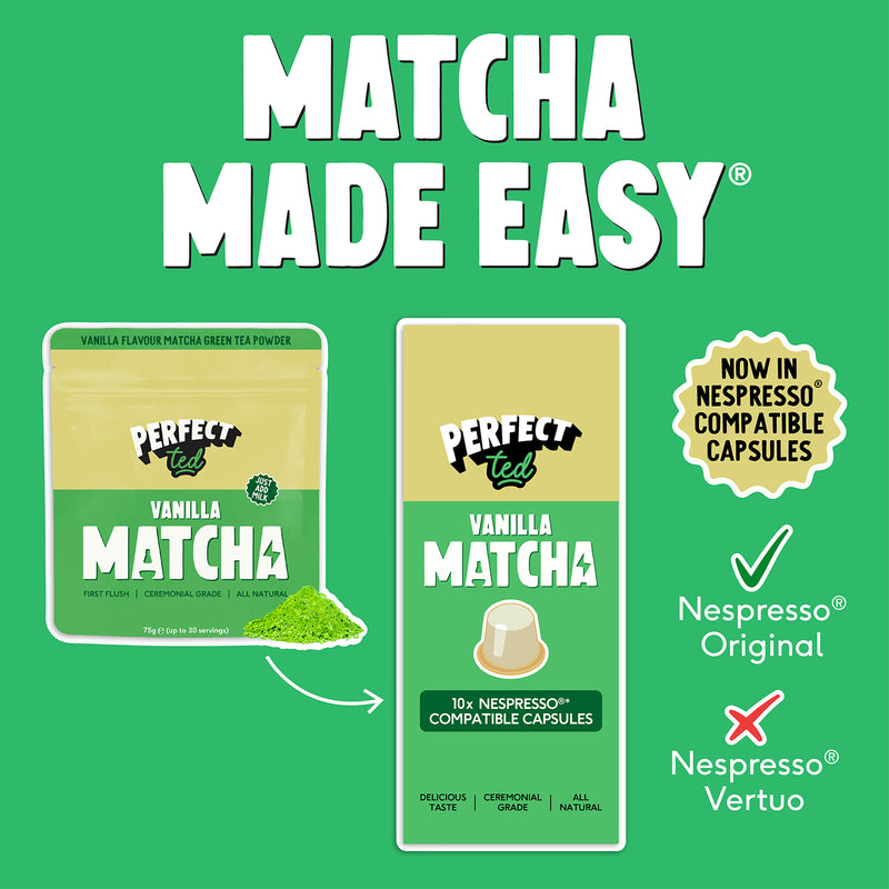 PerfectTed vanilla matcha green tea pods 10 pack, imported from the UK