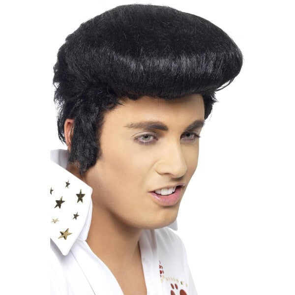 Smiffys Elvis Deluxe wig black high quiff sideburns, UK version