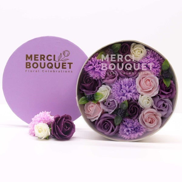 Merci Boutique Purple Passion soap bouquet round box, UK version