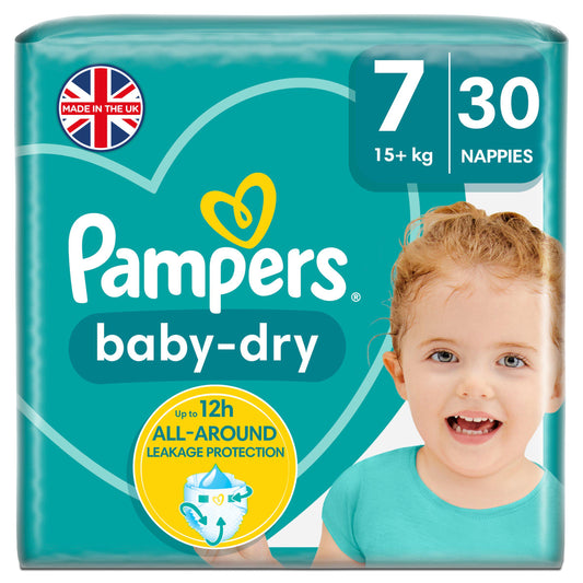 Pampers Baby-Dry Size 7, 30 Nappies, 15+kg, Essential Pack nappies Sainsburys   