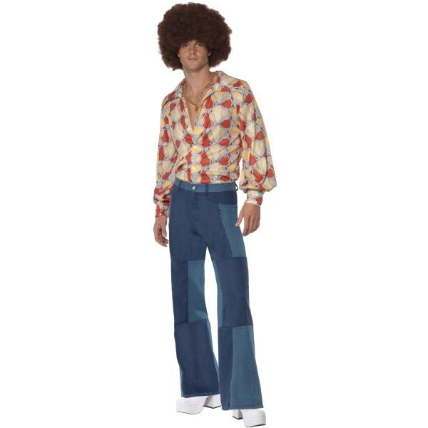 Smiffys 1970s Retro Costume Blue with Shirt and Patchwork Denim Trousers